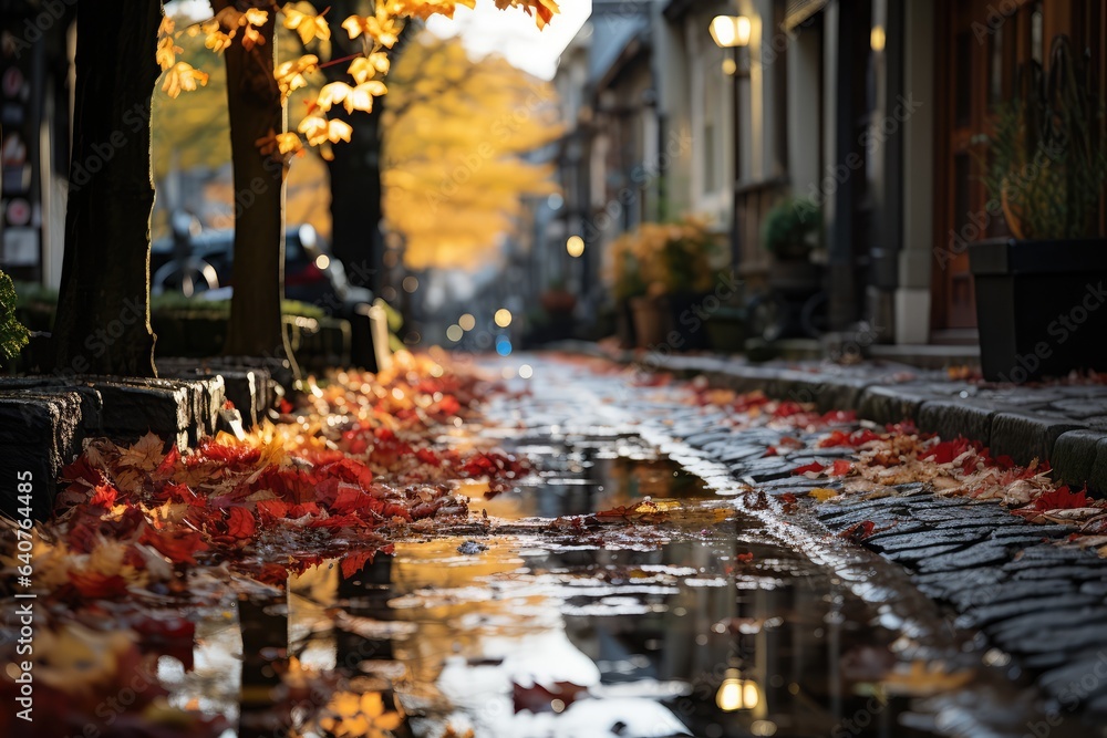 Autumn leaves on the street in the city. Autumn background. generative AI