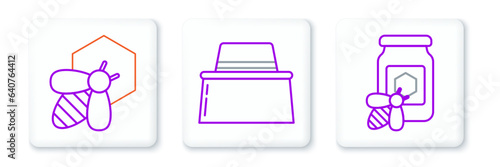 Set line Jar of honey with bee, Bee and honeycomb and Beekeeper protect hat icon. Vector