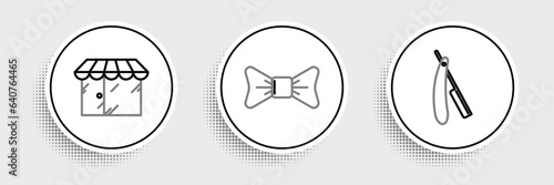 Set line Straight razor, Barbershop building and Bow tie icon. Vector