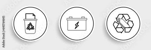 Set line Recycling plastic bottle, Recycle bin with recycle symbol and Car battery icon. Vector