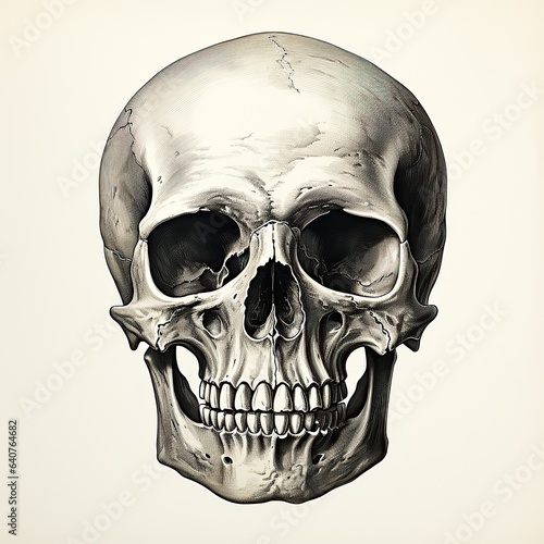 Antique woodcut engraving of a black skull, dark academia vintage victorian style, monochrome linocut engraving line art black on white background. GENERATIVE AI