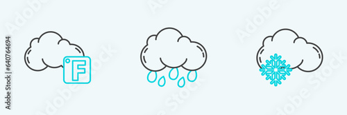 Set line Cloud with snow, Fahrenheit and cloud and rain icon. Vector
