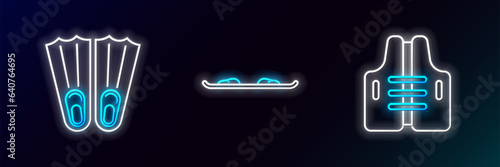 Set line Life jacket, Rubber flippers for swimming and Snowboard icon. Glowing neon. Vector