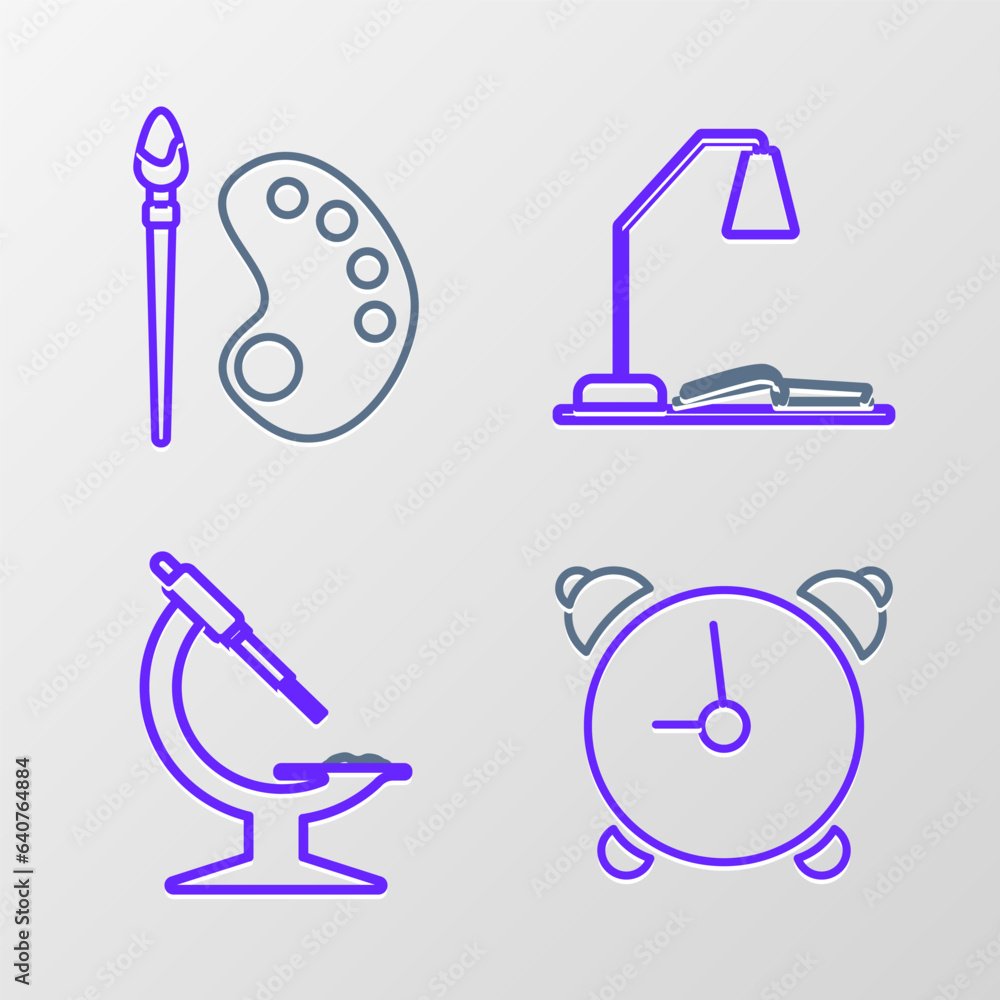 Set line Alarm clock, Microscope, Workplace with table lamp and open book and Paint brush palette icon. Vector Set line Alarm clock, Microscope, Workplace with table lamp and open book and Paint brush palette icon. Vector