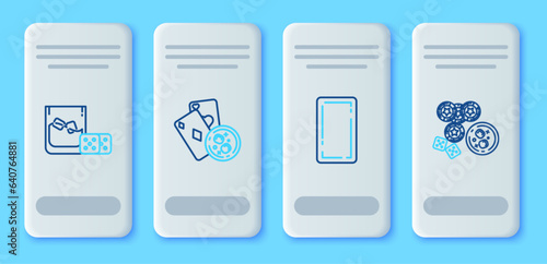 Set line Playing cards and glass of whiskey with ice cubes, back, Game dice and Casino chips, game icon. Vector