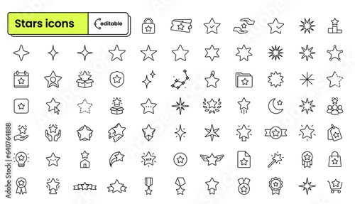 Set of editable icons: Stars (wand, medal, shield, hands with star, sheriff star) (ID: 640764888)