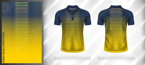 Vector sport pattern design template for Polo T-shirt front and back with short sleeve view mockup. Shades of blue-yellow color gradient abstract line texture background illustration.