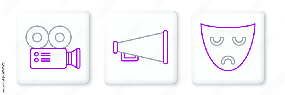 Set line Drama theatrical mask, Cinema camera and Megaphone icon. Vector Set line Drama theatrical mask, Cinema camera and Megaphone icon. Vector