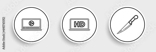 Set line Knife, Online play video and Laptop screen with HD technology icon. Vector