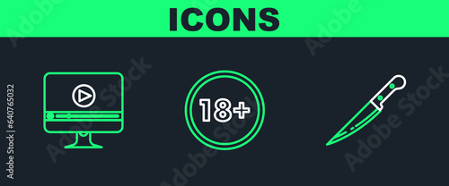 Set line Knife, Online play video and Under 18 years icon. Vector