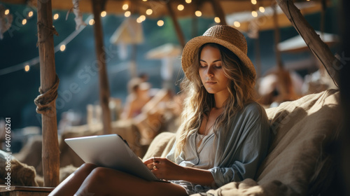 Beautiful young woman in hat and glasses using a digital tablet while sitting in a cafe. Holidays in tropical resort. Phuket island, Thailand, Asia.