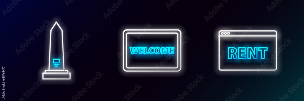 Set line Hanging sign with text Online Rent, Washington monument and Doormat the Welcome icon. Glowing neon. Vector Set line Hanging sign with text Online Rent, Washington monument and Doormat the Welcome icon. Glowing neon. Vector