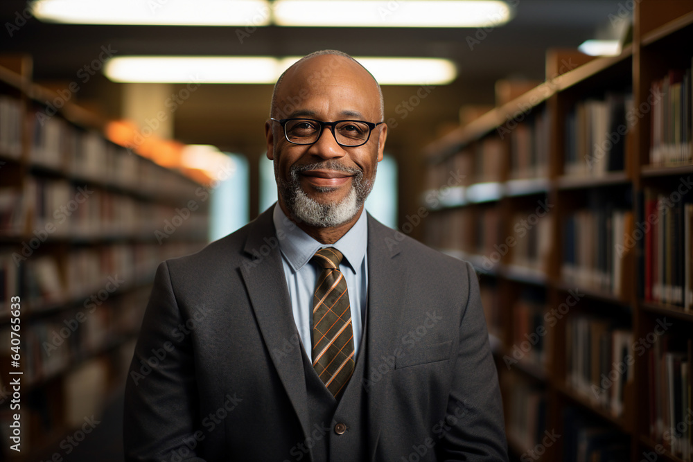 Generative AI photo of handsome happy man professional instructor scientist against a library bookshelf background Generative AI photo of handsome happy man professional instructor scientist against a library bookshelf background
