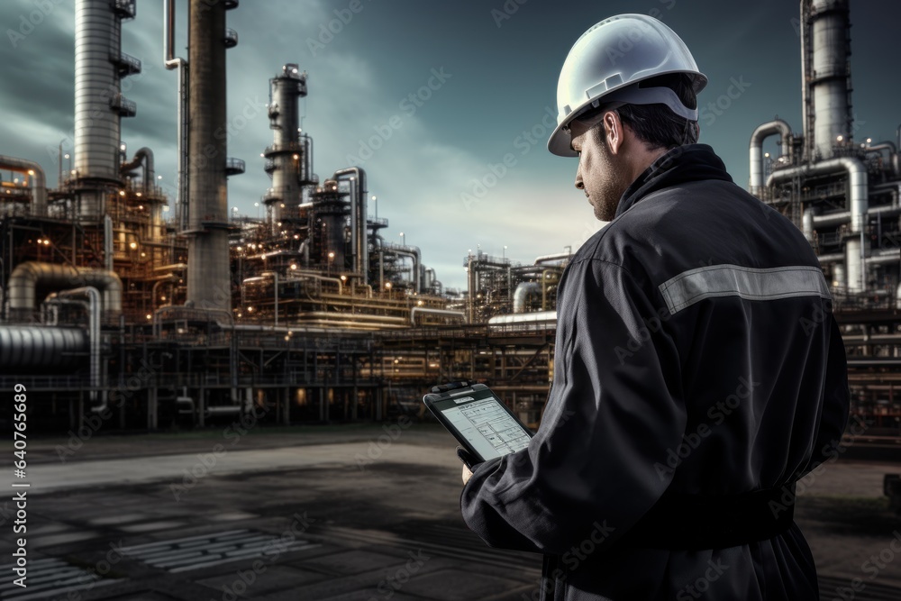 Male engineer holding tablet in front of oil refine