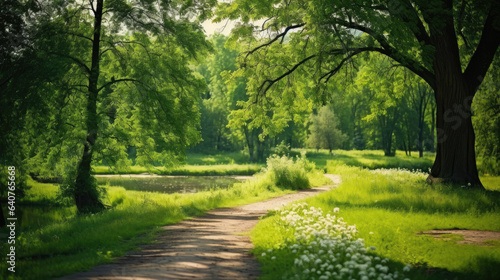 Beautiful summer landscape with green foliage in the park