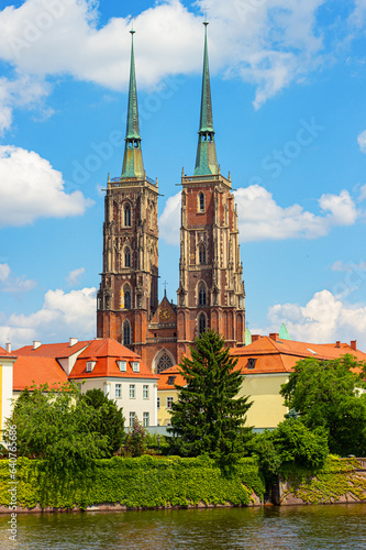Wroclaw Cathedral or Cathedral of St. John the Baptist with two spires in old historical city centre, Ostrow Tumski, Wroclaw, Poland