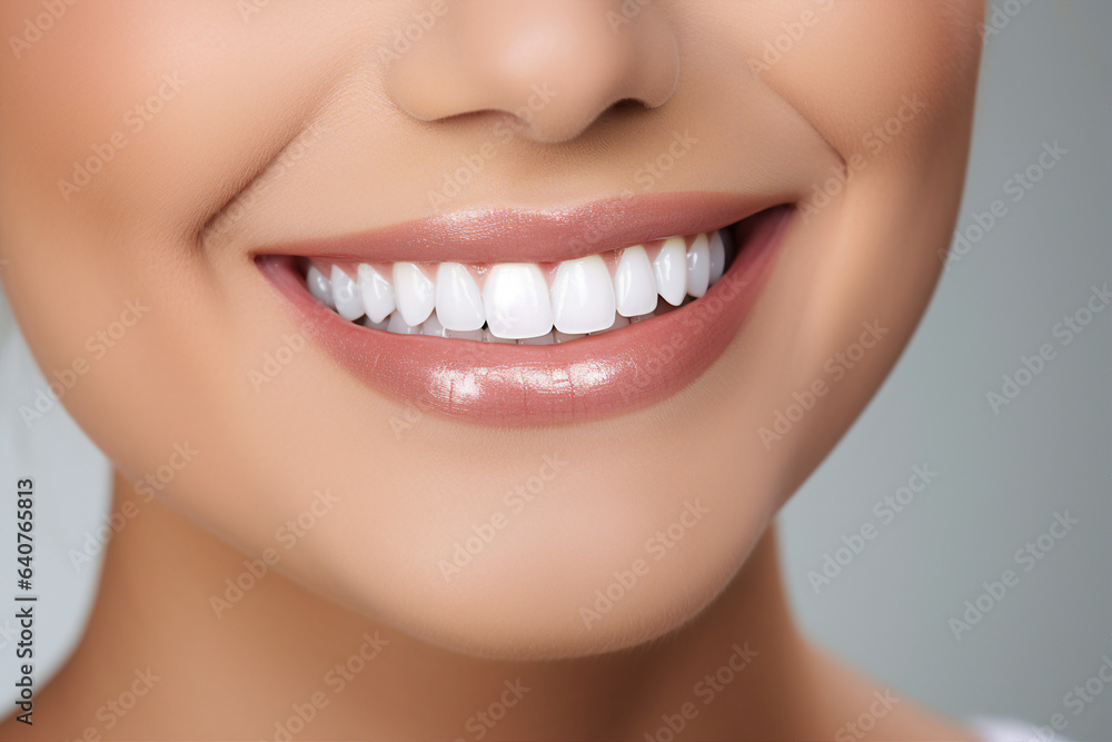 Fototapeta premium Generative AI concept close up cropped photo of woman mouth with perfect white bright smile and healthy teeth