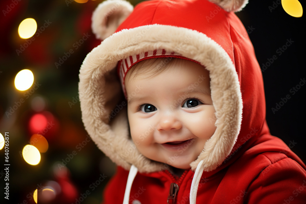 Generative AI closeup picture adorable little baby toddler age wearing first christmas time costume Generative AI closeup picture adorable little baby toddler age wearing first christmas time costume