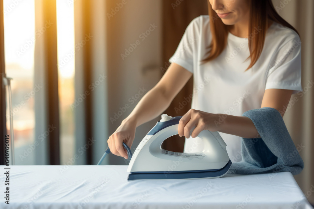 Fototapeta premium The housewife is ironing clothes with determination.generative ai