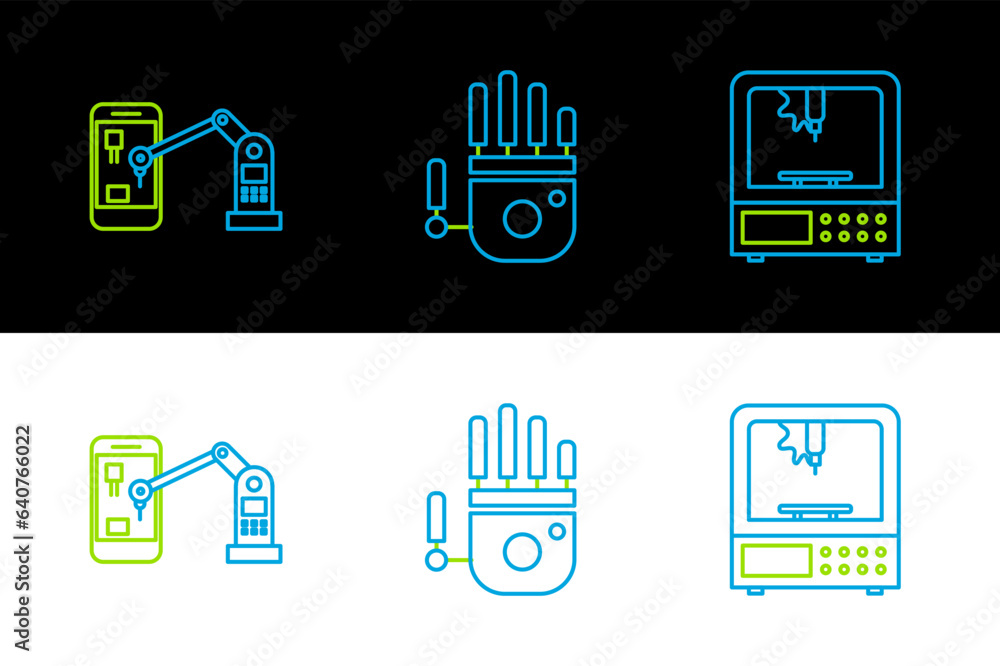 Set line 3D printer, Industrial machine robotic robot arm hand and Mechanical icon. Vector Set line 3D printer, Industrial machine robotic robot arm hand and Mechanical icon. Vector