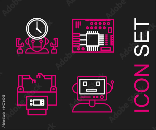 Set line Robot, Assembly line, Printed circuit board PCB and and digital time manager icon. Vector