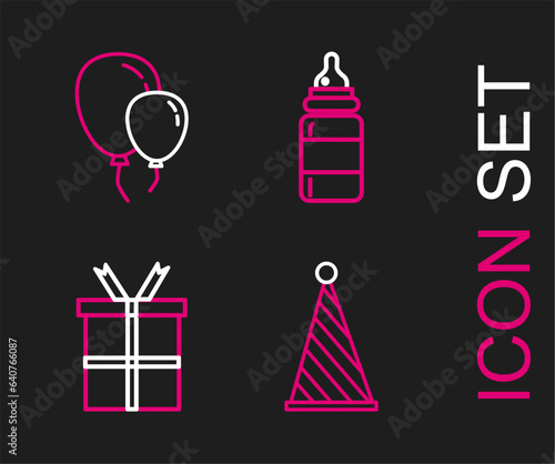 Set line Party hat  Gift box  Baby bottle and Balloons with ribbon icon. Vector