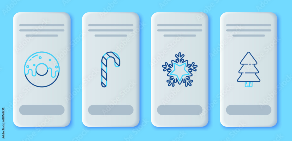 Set line Christmas candy cane with stripes, Snowflake, Donut sweet glaze and tree icon. Vector