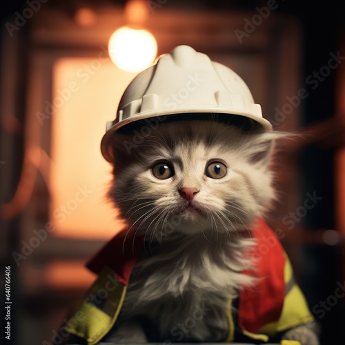A kitten wearing a hard hat on top of a table. Generative AI.