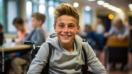 Inspiring view of determined teenage boy in wheelchair, thumbs-up at camera, therapists supporting in soft-focus background.