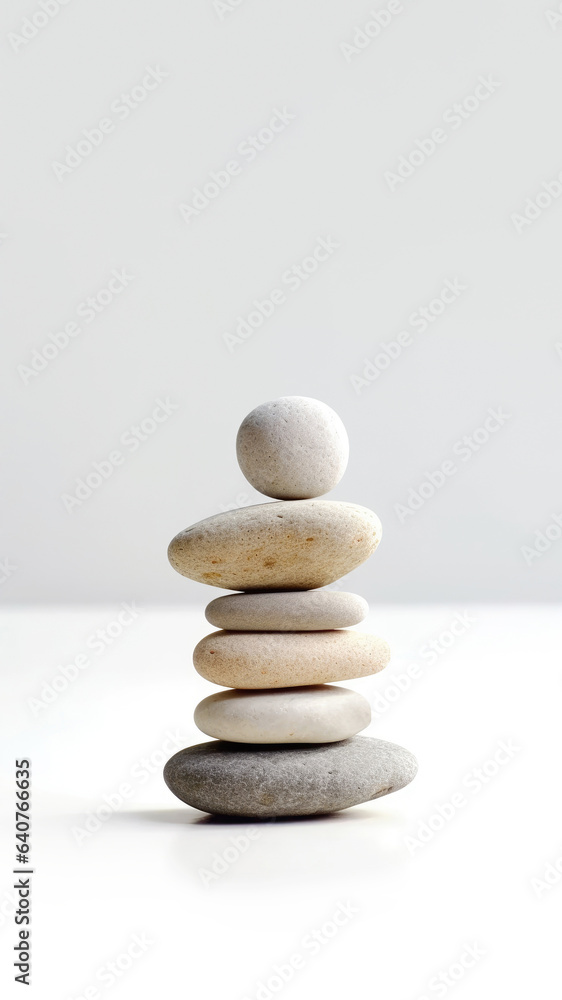 Harmony in Zen stone. Balanced stack of rocks symbolizes serenity and mental clarity. Neutral color, gray and white background, exudes simplicity and peacefulness. Stories, social media copy space Harmony in Zen stone. Balanced stack of rocks symbolizes serenity and mental clarity. Neutral color, gray and white background, exudes simplicity and peacefulness. Stories, social media copy space