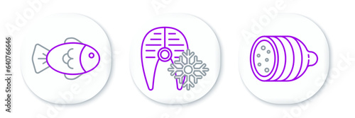 Set line Salami sausage, Fish and Fresh frozen fish steak icon. Vector