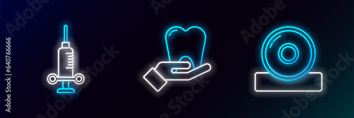 Set line Otolaryngological head reflector, Dental medical syringe and Tooth icon. Glowing neon. Vector