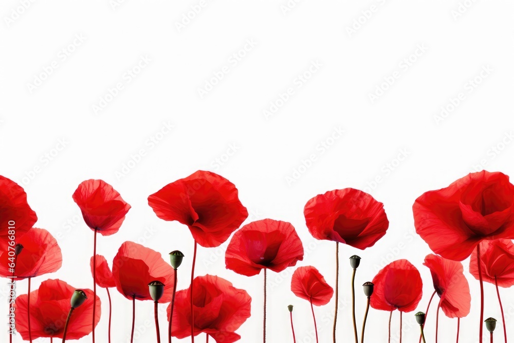 Fototapeta premium A field of red poppies against a white background. Digital image.