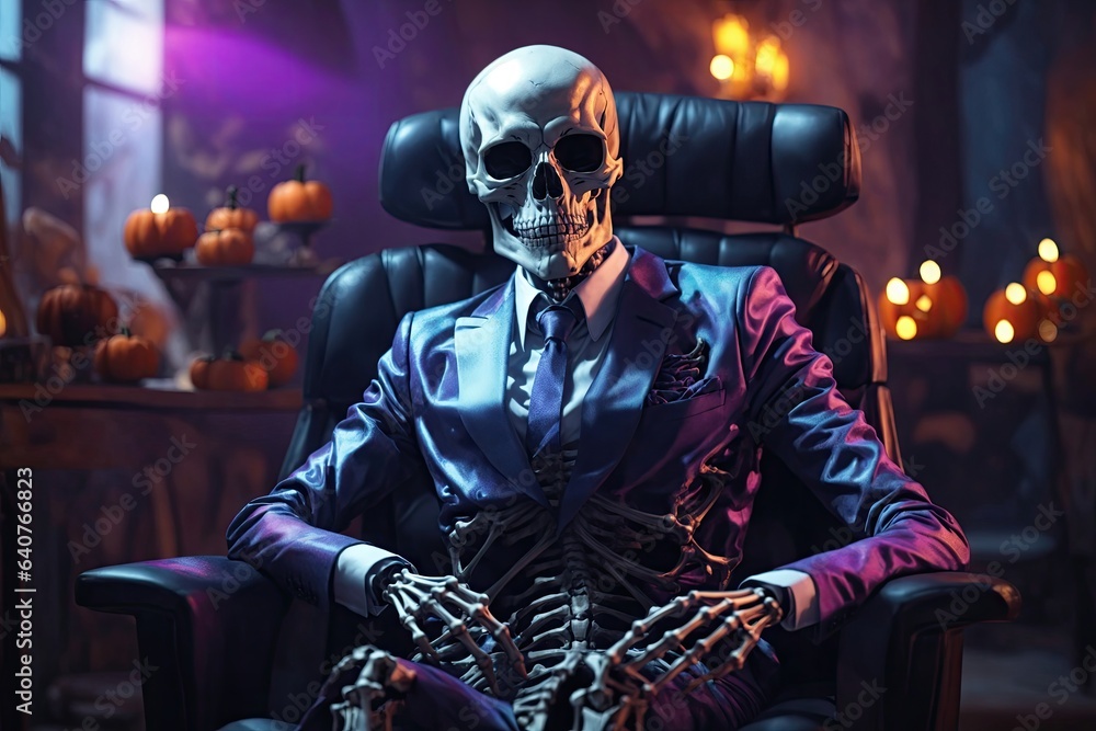 Portrait of a skeleton wearing jacket with tie - obrazy, fototapety, plakaty 