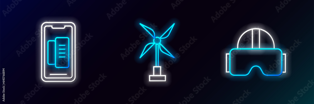 Set line Virtual reality glasses, Smartphone, mobile phone and Wind turbine icon. Glowing neon. Vector Set line Virtual reality glasses, Smartphone, mobile phone and Wind turbine icon. Glowing neon. Vector