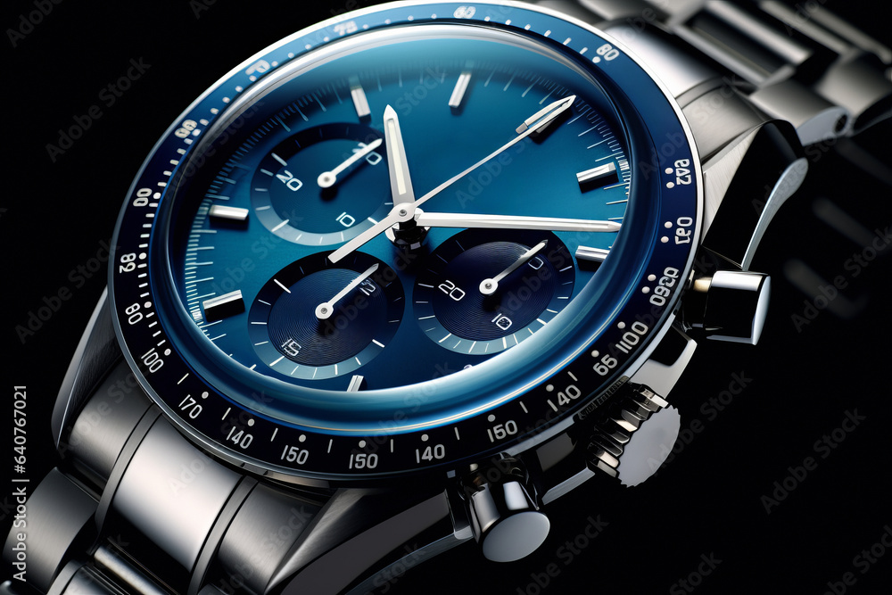 Beautiful luxury fashionable men's silver watch with a blue dial on a dark background, close-up view. Advertising for watch shops.generative ai
Beautiful luxury fashionable men's silver watch with a blue dial on a dark background, close-up view. Advertising for watch shops.generative ai
