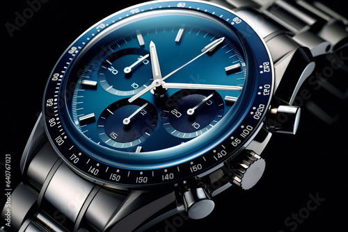 Beautiful luxury fashionable men's silver watch with a blue dial on a dark background, close-up view. Advertising for watch shops.generative ai 