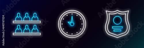 Set line Police badge, Jurors and Clock icon. Glowing neon. Vector