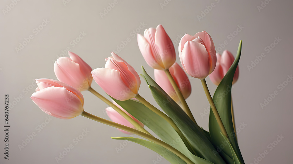 Bunch of spring tulips with red ribbon over gray background. Generative ai Bunch of spring tulips with red ribbon over gray background. Generative ai