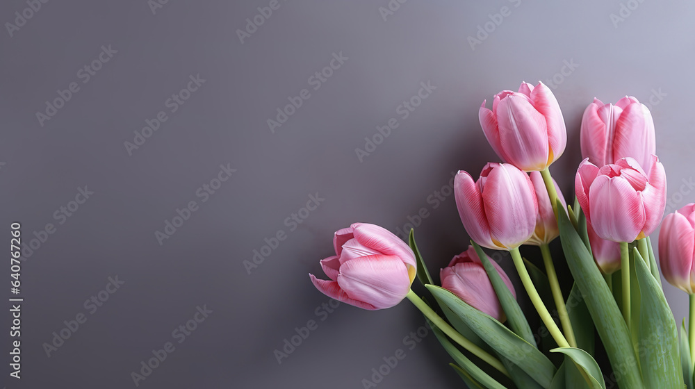 Pink tulips over gray background. Generative ai Pink tulips over gray background. Generative ai