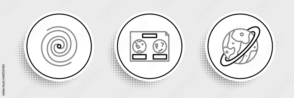 Set line Space capsule and parachute, Black hole and Celestial map of the night sky icon. Vector Set line Space capsule and parachute, Black hole and Celestial map of the night sky icon. Vector