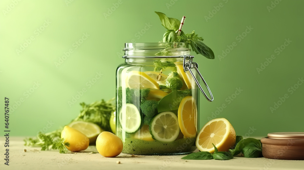 Closeup freshly blended green smoothie with mango and banana. Generative ai Closeup freshly blended green smoothie with mango and banana. Generative ai