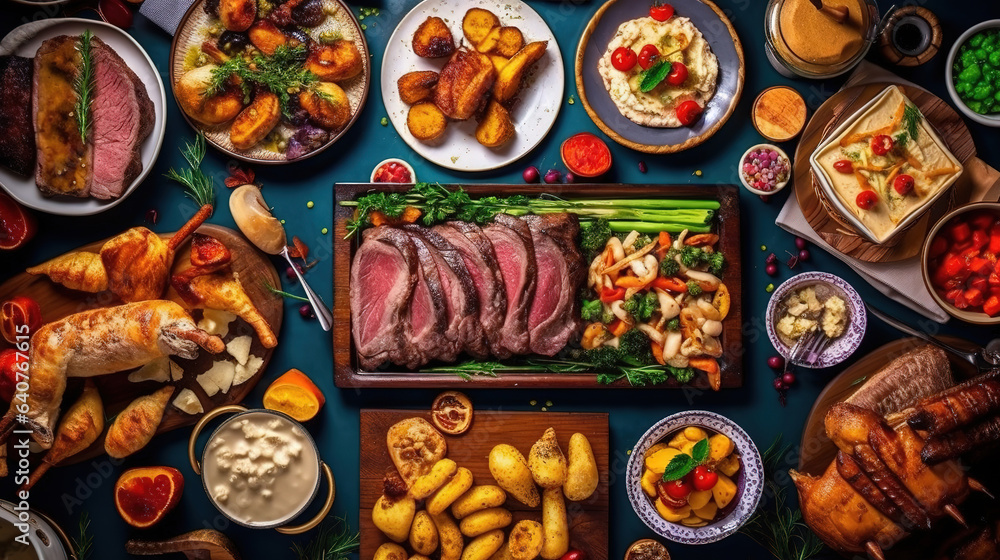 Middle eastern, arabic or mediterranean dinner table with grilled lamb kebab. Generative ai - obrazy, fototapety, plakaty 