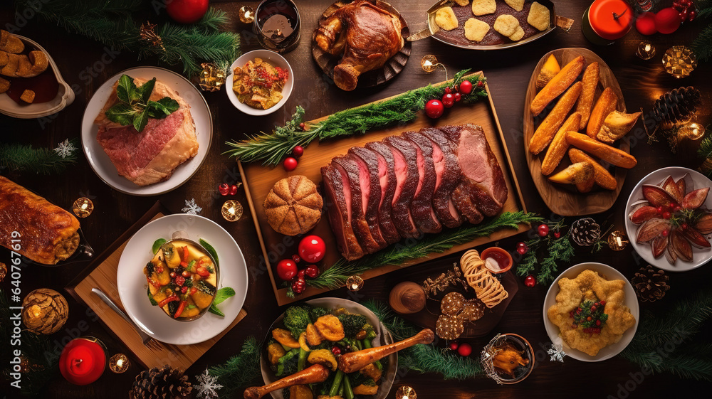 Flat lay of Delicious Christmas themed dinner table with roasted meat steak. Generative ai - obrazy, fototapety, plakaty 