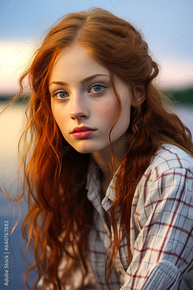 Vibrant image of a thoughtful red-haired, freckle-faced girl gazing at a serene lake under twilight sky. A natural beauty showcasing innocence and youth. Vibrant image of a thoughtful red-haired, freckle-faced girl gazing at a serene lake under twilight sky. A natural beauty showcasing innocence and youth.