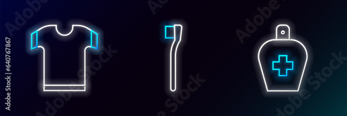 Set line Bottle of liquid antibacterial soap, T-shirt and Toothbrush icon. Glowing neon. Vector