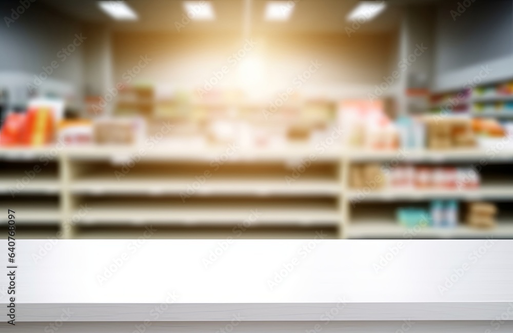 White Table with Supermarket on the background out focus, Food shelf, Generative AI White Table with Supermarket on the background out focus, Food shelf, Generative AI