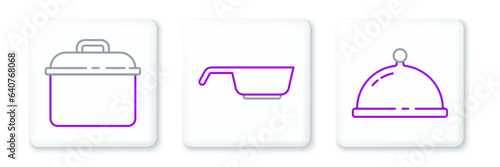 Set line Covered with tray of food, Cooking pot and Frying pan icon. Vector