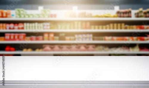 White Table with Supermarket on the background out focus, Food shelf, Generative AI