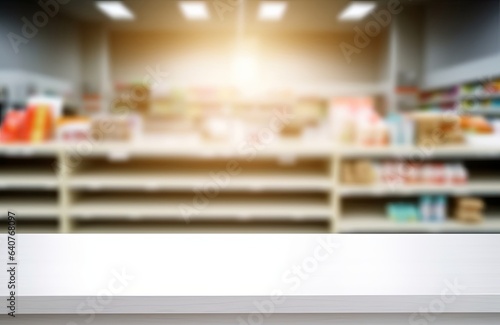 White Table with Supermarket on the background out focus, Food shelf, Generative AI © MG